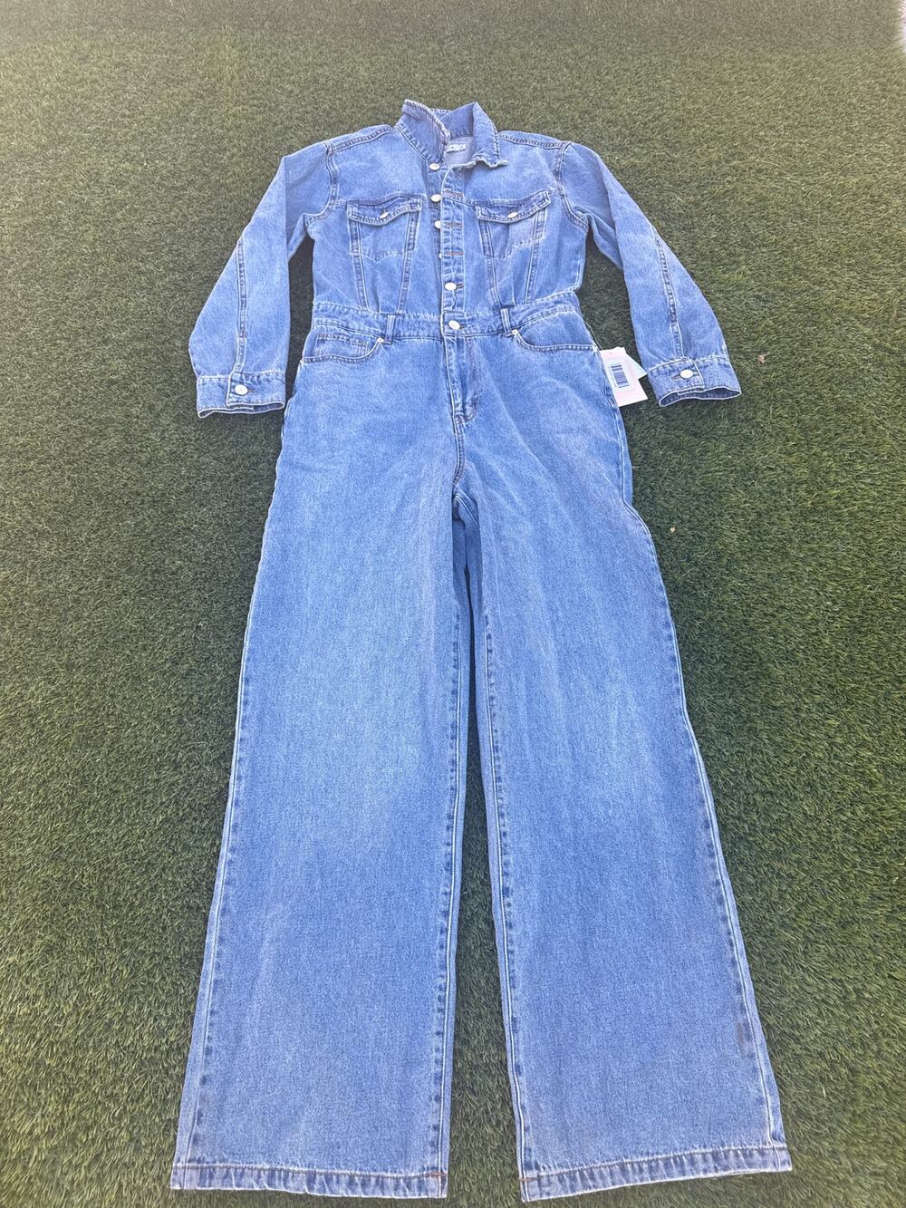 NEW Just Fab Size M Blue Denim Jumpsuit Button Front Pockets Straight Leg